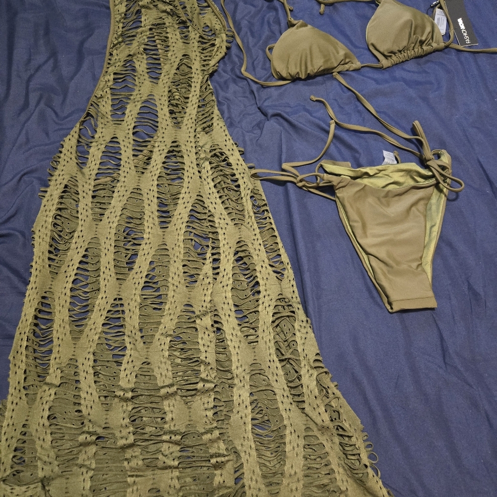 Fashion Nova Toes in the Sand 3 piece Bikini Set Color Olive